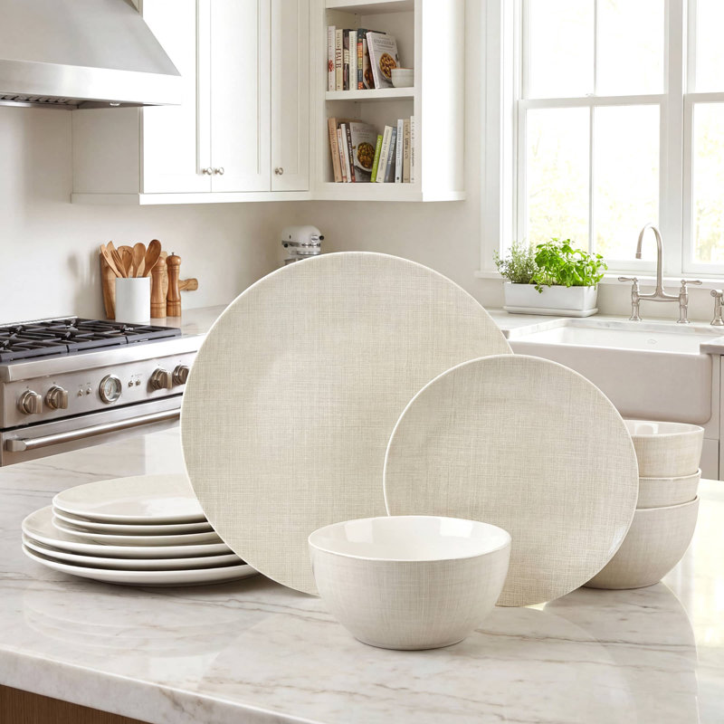 Waterside 12pc Linen Texture Porcelain Pad Print Dinner Set