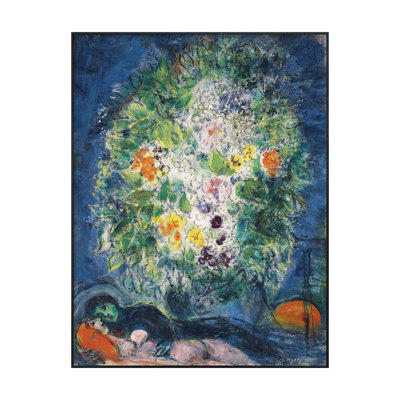 Reproduction giclée sur toile encadrée « Le Bouquet et les Amoureux » de Marc Chagall, décoration murale pour salon, maison ou bureau (cadre noir fin, 30 x 40 cm)