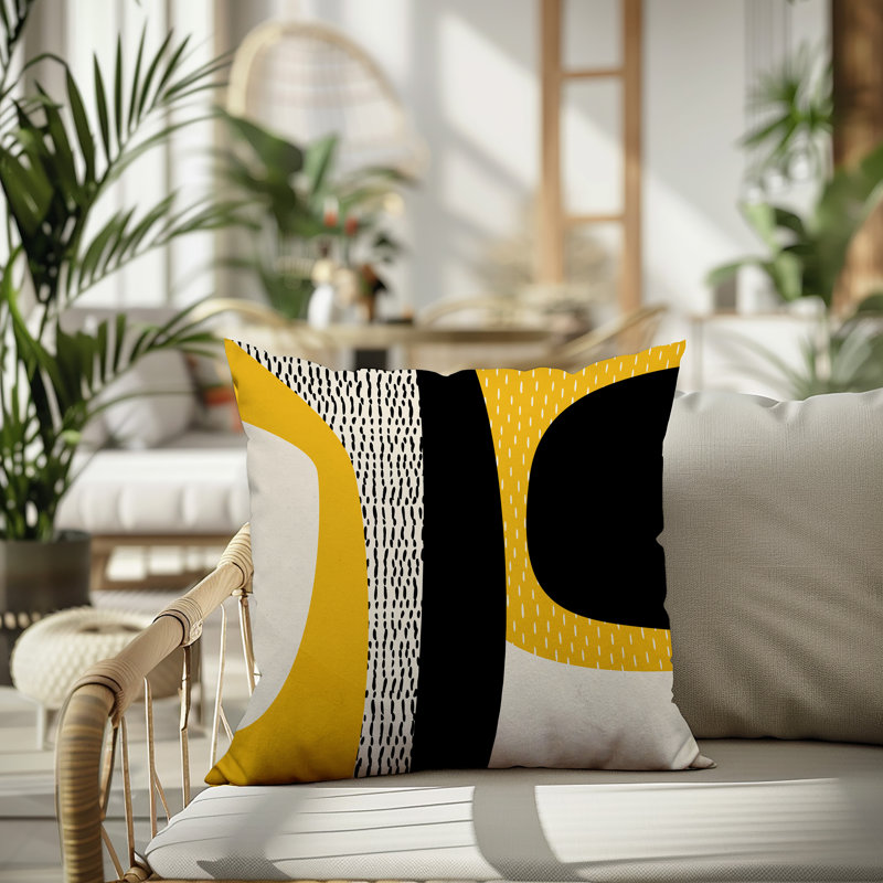 Coussin carré intérieur / extérieur pia, H 19 po x l 19 po, Jaune / noir / blanc cassé