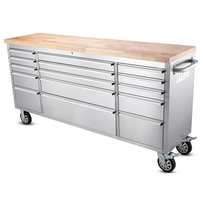 AnorTrek 72 inch Tool Chest with 15 Drawers for Garage,Workbench and Repair Store,Wood Top Tool Box in Stainless Steel