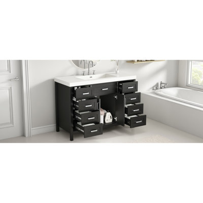 Meuble-lavabo noir de 48 po avec lavabo, 2 portes à fermeture douce, 8 tiroirs, armoire, pieds en pin massif, poignées en résine d'aluminium, idéal pour les grandes et moyennes ouvertures, et pour une installation facile