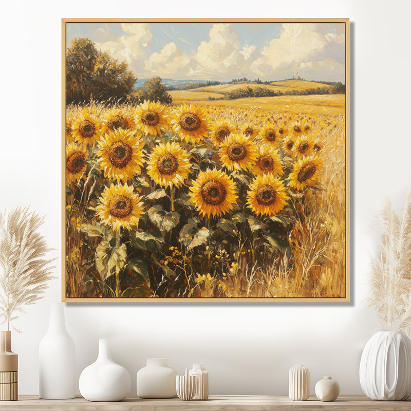 Art mural sur toile, "Tournesols de Donaugh", H 30 po x l 30 po, Impression encadrée flottante, Crème, crème