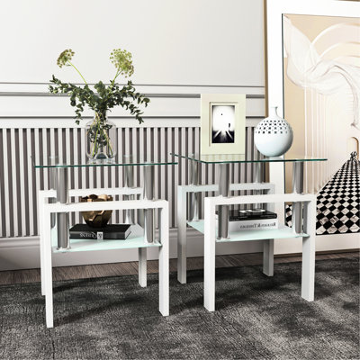 Of 2 Tempered Glass Coffee Tables, Modern Square Design For Room, Transparent/White, 150Lbs Weight Capacity, Easy To Put Together & Clean Table End  2Pcs , Square, Living Room Furniture, 33Lbs Net