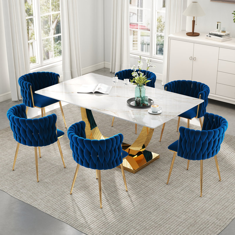 Rectangle Pedestal Dining Set with Woven Dining Chair, Dark Blue, 29.5"H x 63"L x 35.4"W