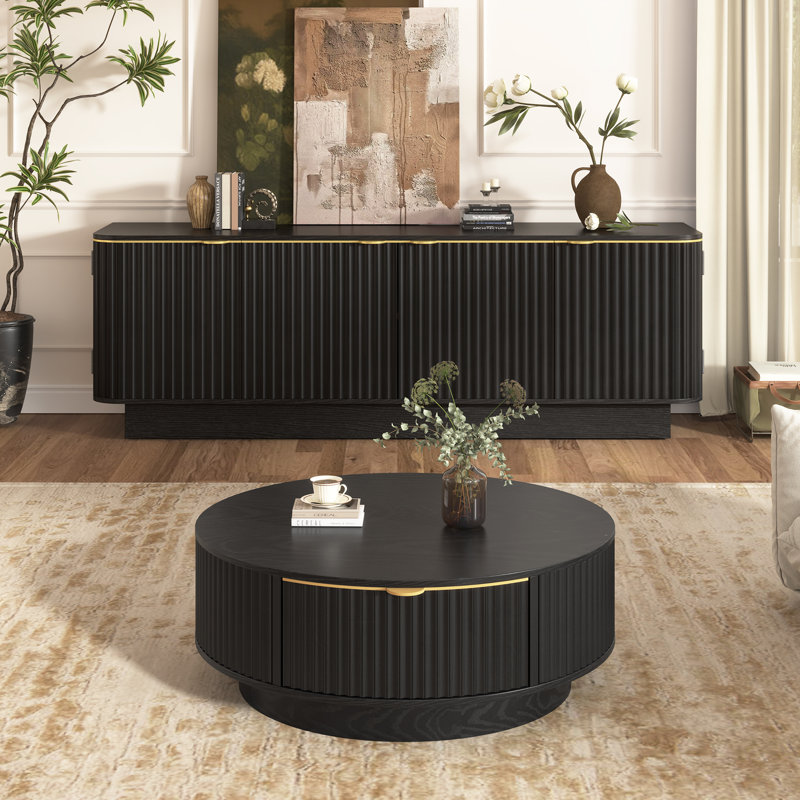 Ensemble table basse cannelée en bois de 150 cm avec poignée dorée, meuble télé pour salon, Noir