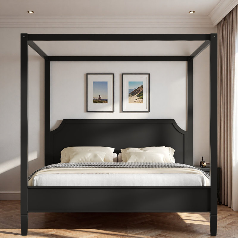 Lit plateforme à baldaquin en bois avec tête de lit élégante et pieds de soutien, Grand lit, Noir