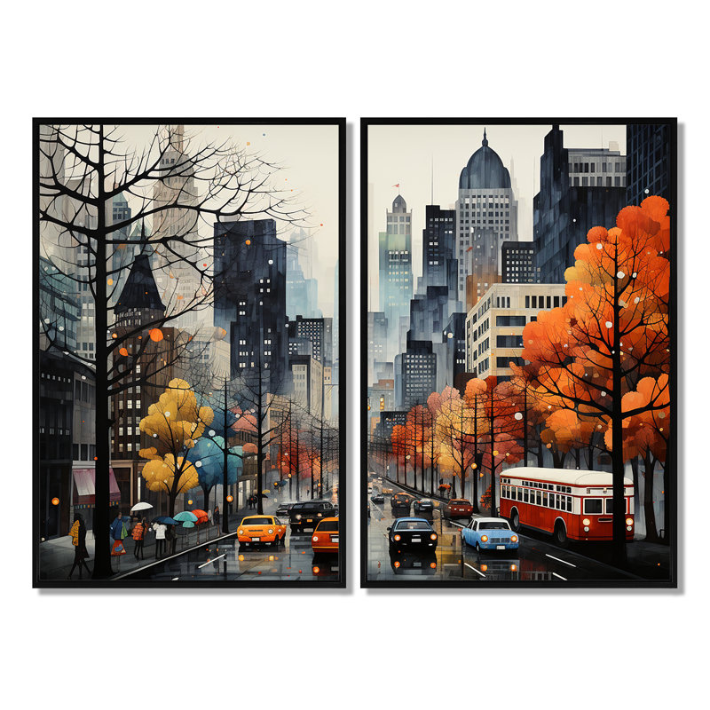 Ensemble de 2 décorations murales Bold Cityscape Urban Fog III - Orange, 36" H x 48" W, Impression encadrée flottante, Black