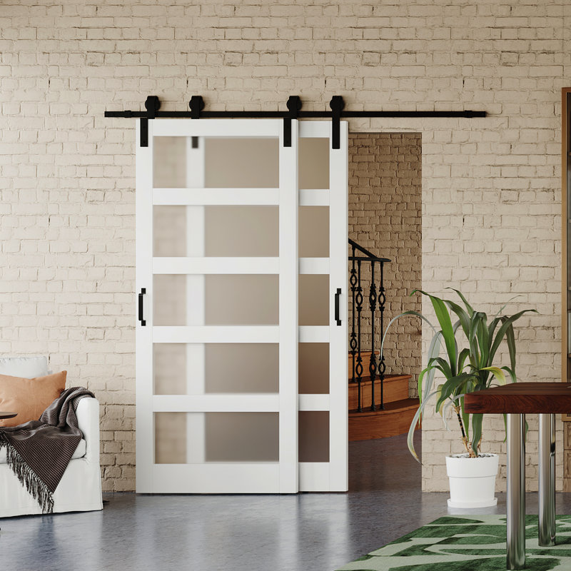 Modern Frosted Glass Design - 5 Lite Glass Manufacture Wood Sliding Bypass Barn Door With Hardware, 60" W x 84" H