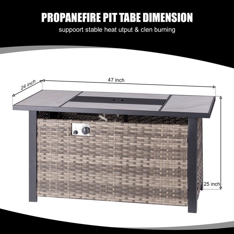 Table de foyer d'extérieur au propane de H 25 po x l 47 po avec panneau latéral en rotin Mehalek, foyer d'extérieur de table en céramique