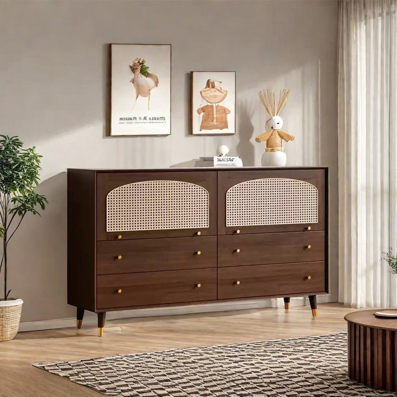Buffet avec porte en rotin, Brun