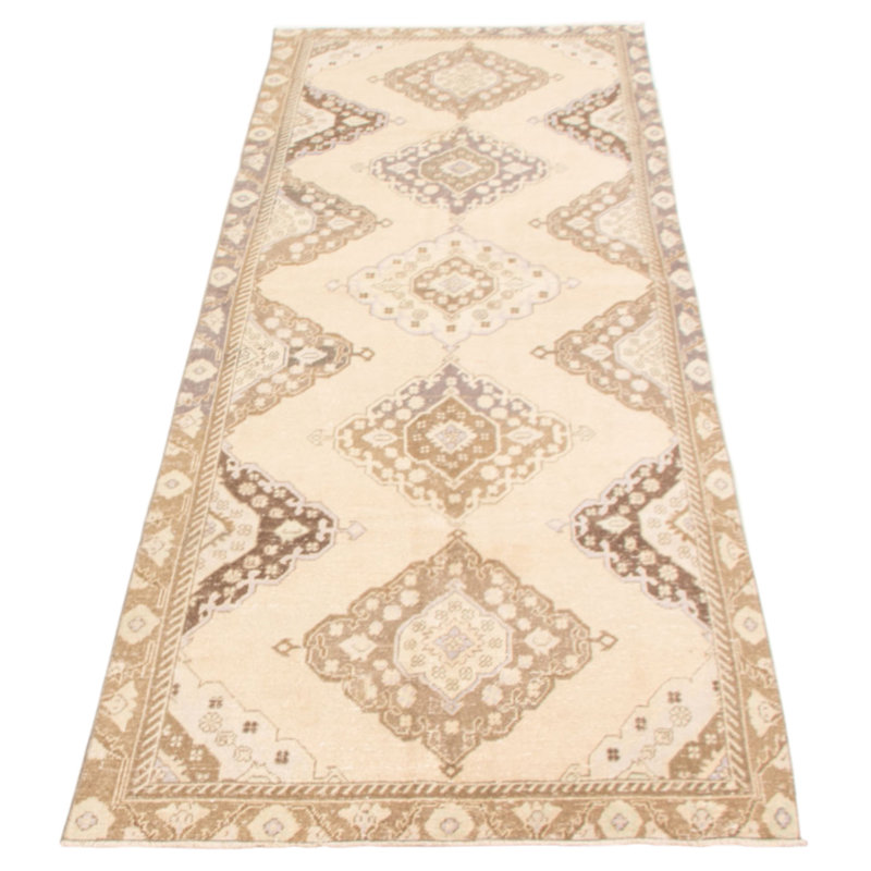 Tapis de couloir unique en laine noué à la main style années 1990 de 4 pi 2 po x 12 pi 3 po Morihisa