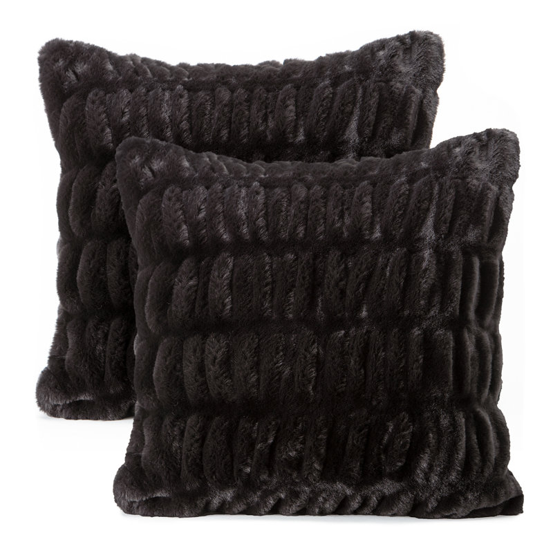 Chanasya 2-Piece Ruched Royal Faux Fur Pillow Cover Set, Noir