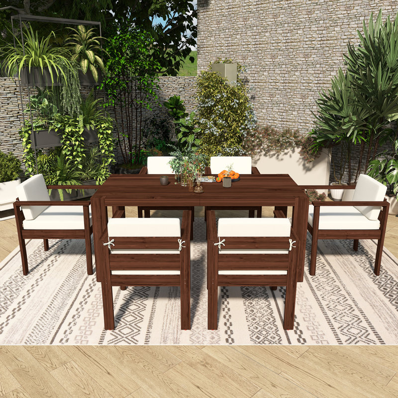 Ensemble repas d'extérieur 7 pièces avec coussins amovibles et trou pour parasol 7 pièces, Moka