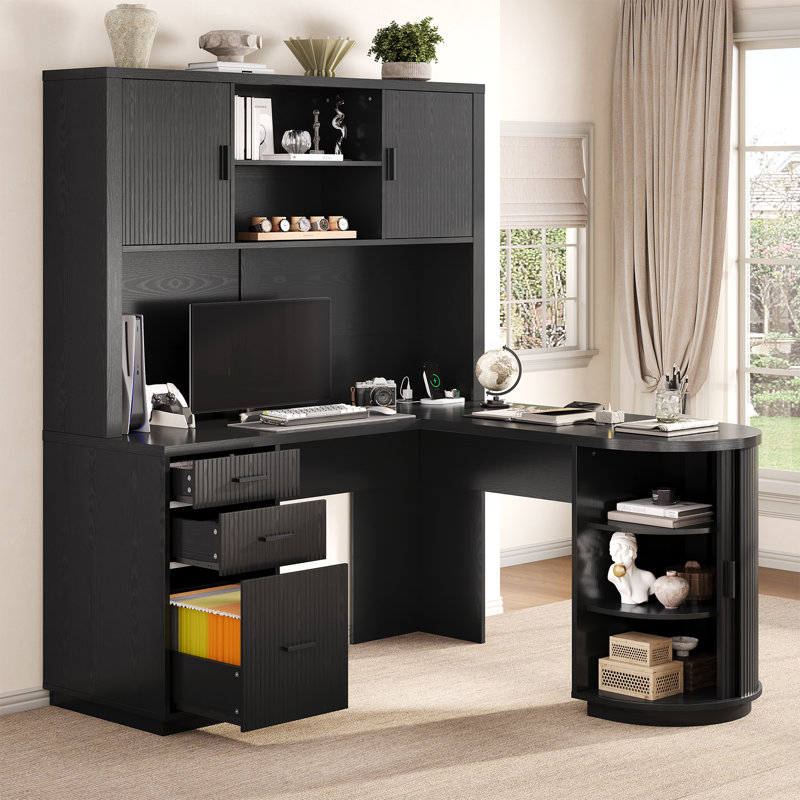 Bureau d'ordinateur en L 71 po avec huche et 3 tiroirs, bureau d'ordinateur Tambour en bois avec tiroir classeur et station de charge