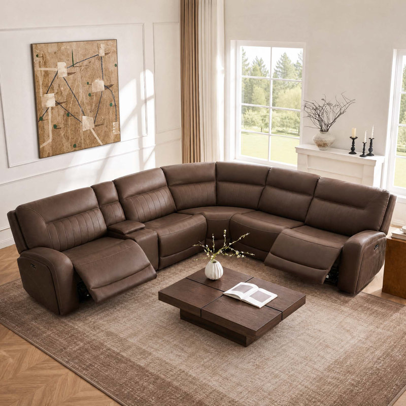 Canapé modulaire inclinable électrique avec console, chargement sans fil et porte-gobelets cachés, Splash chocolat