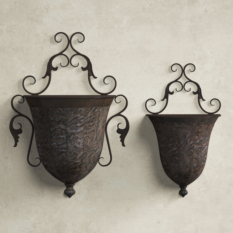 Antique Copper Scrollwork Iron Wall Planters Set of 2