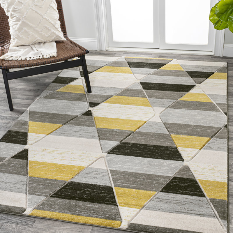 Fayma Retro Diamonds Geometric Yellow/Gray/Cream Rug, Rectangle 7'10" x 10'2"