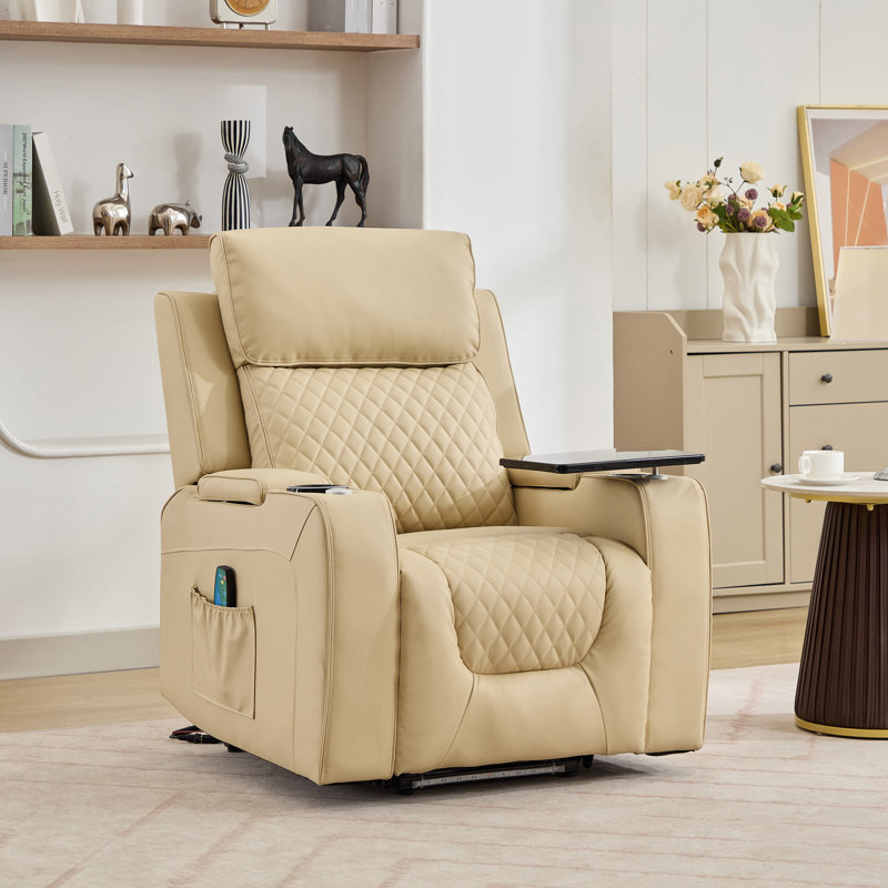 Byron 86cm Wide Faux Leather Lift Assist Standard Recliner with Massager, Cream