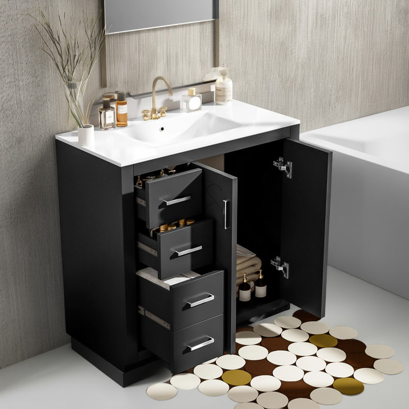 Meuble-lavabo sur pied 36 po avec lavabo en céramique, structure en bois massif, 3 tiroirs, portes à fermeture en douceur