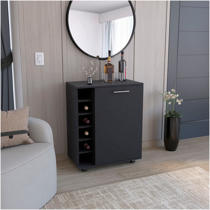 Chariot-bar Wick avec rangement pour le vin intégré, armoire spacieuse et roulettes lisses, Noir