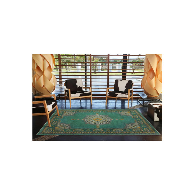 Green Framed Traditional Woven Base Washable Carpet, Rectangle 5'2" x 7'7"