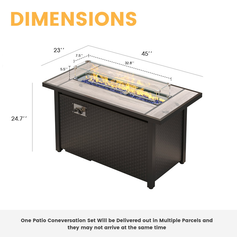 Foyer de table d'extérieur au propane en osier H 25 po x l 45 po avec écran en verre