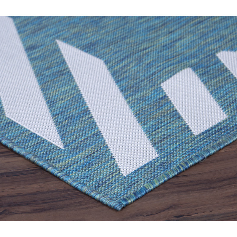 Tapis intérieur / extérieur blanc / bleu Mikera, Rectangle 5 pi 3 po x 7 pi 6 po