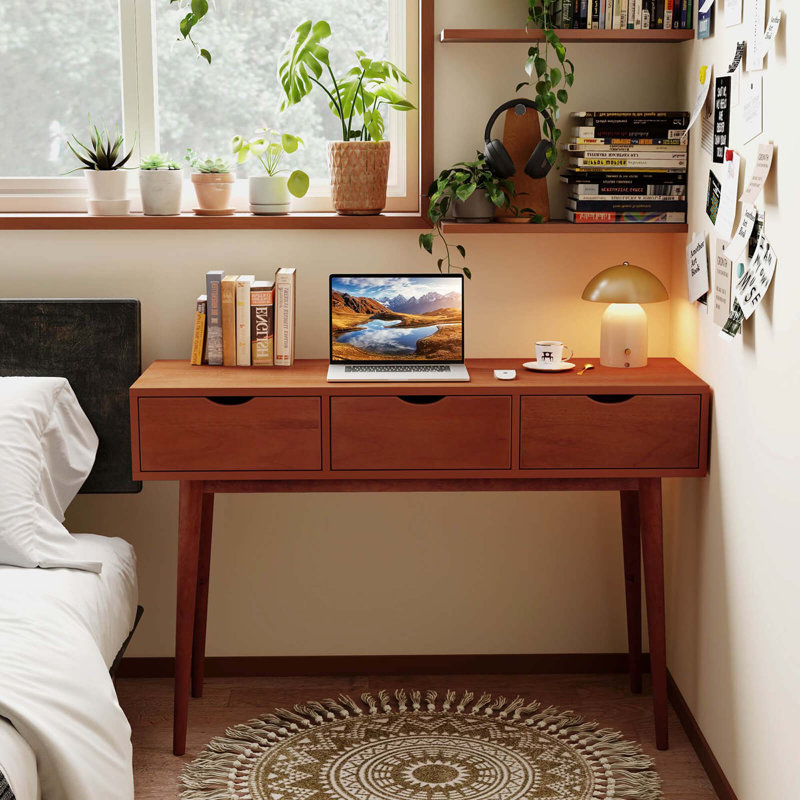 Writing Desk 48" Computer Desk Mid Century Modern Work Table With 3 Drawers