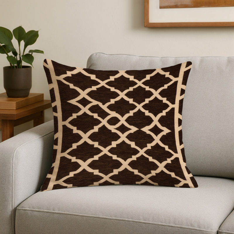 Coussin décoratif intérieur et extérieur beige Trellis, Treillis noir 65, Carré Carré 16 po