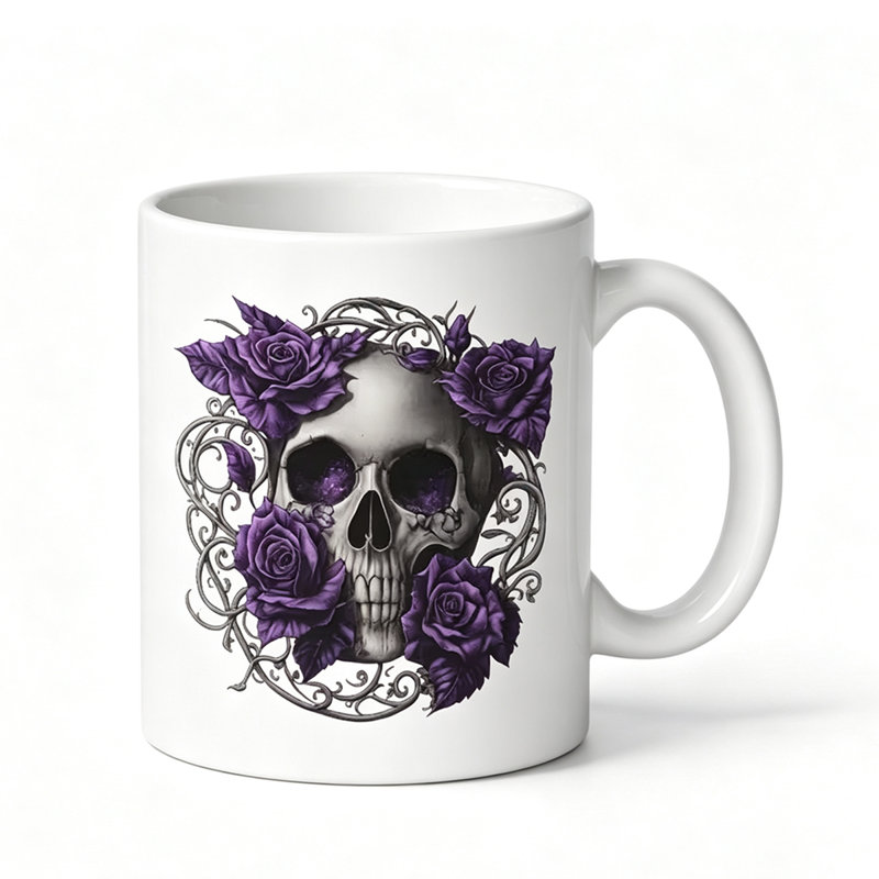 A Ceramic Coffee Mug Featuring a Skull Design with Floral And Vine Decorations, Ideal for Enjoying Beverages During Relaxation.