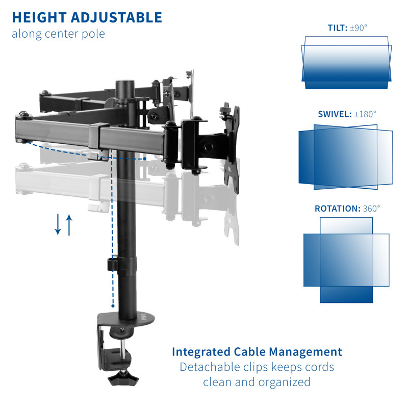 Black Triple Monitor Adjustable Steel Desk Stand with Full-Motion Arm