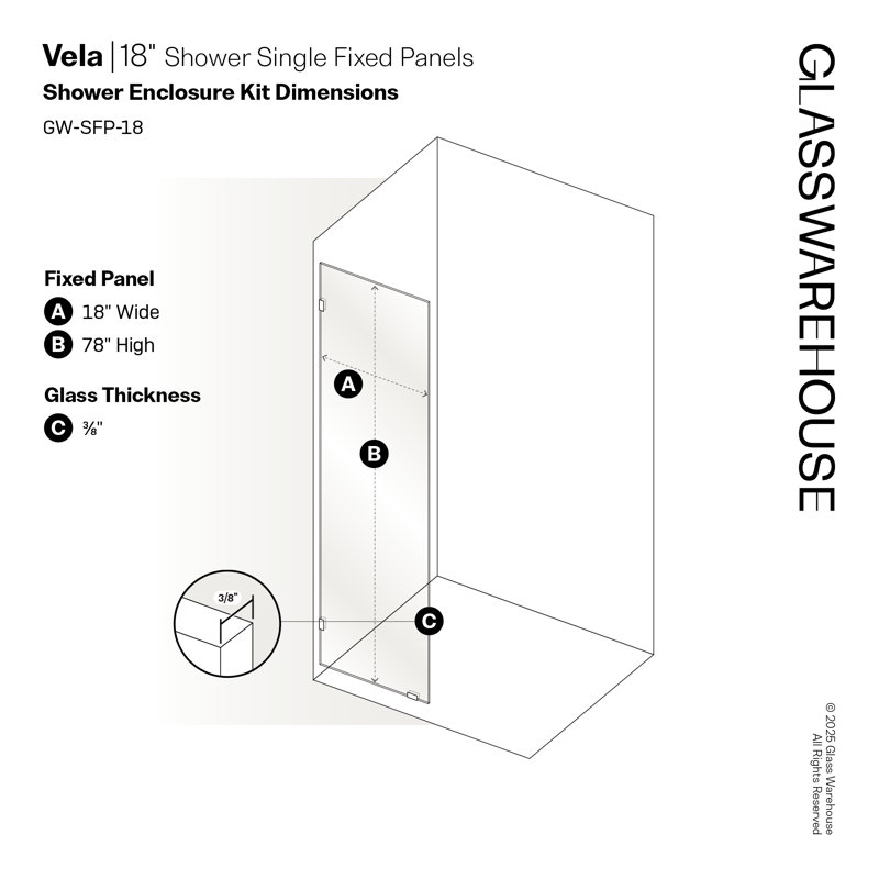 Vela 18 in. x 78 in. Fully Frameless Single Fixed Shower Panel, Matte Black