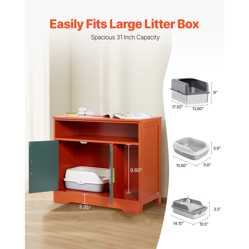 Enceinte de litière pour chat, armoire à litière cachée 31 po avec tablette et rangement, salle de bain intérieure pour chat de style moderne, table de bout en bois pour meuble pour chat, convient à la plupart des bacs à litière, rouge et vert