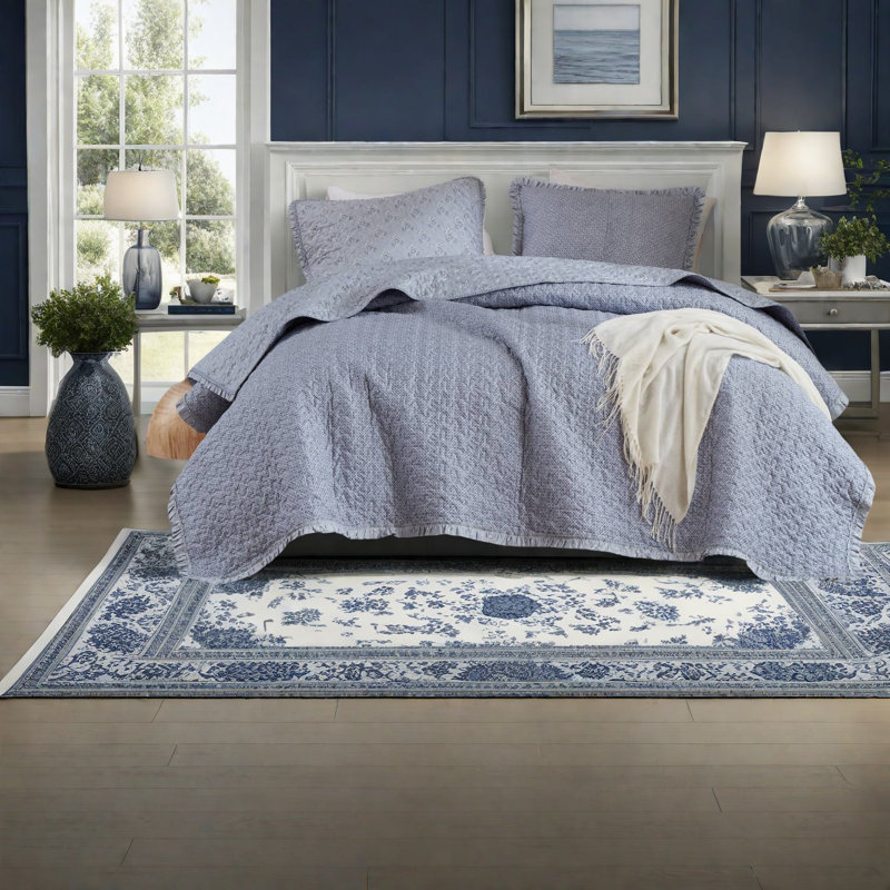 Ensemble de literie très grand / très grand chic, courtepointe en microfibre bleue à volants