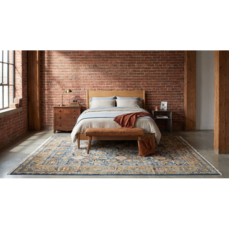Blue Hand-Knotted Wool Faded Floral Bloom Geometric Modern Contemporary Carpet Rug, 12' x 18'