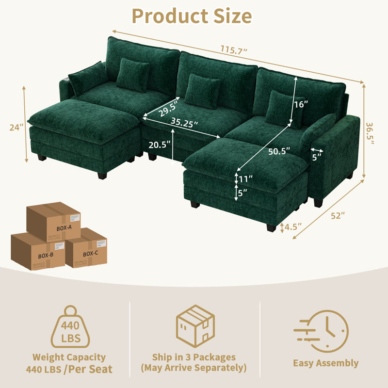 Modular Sectional Sofa With 2 Ottoman/smart Charging Module/throw Pillow (green), Green Chenille