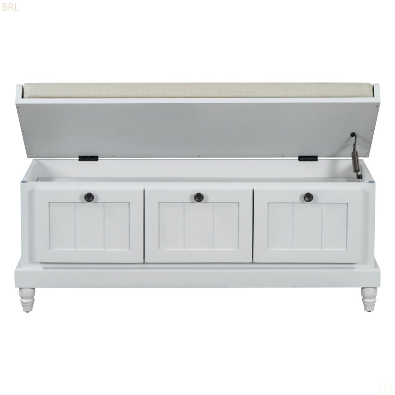 TREXM Classic Shoe Bench With Cushion And Three Drawers, Fluted Entryway Bench With Storage For Living Room, Entryway, And Hallways