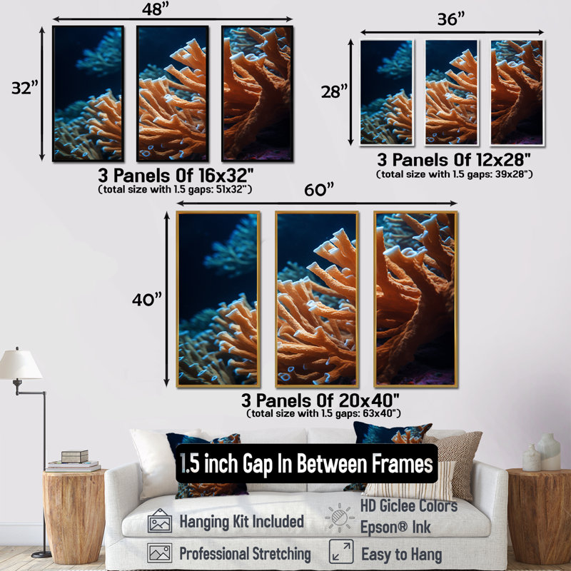 Ensemble de décoration murale orange corail sous l'eau - corail sous l'eau, Cadre naturel flottant
