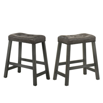 Set of 2 Rustic Counter Stools, 25-Inch Backless Wooden Farmhouse Barstools with Faux Leather Seat, Distressed Finish, Space-Saving Design