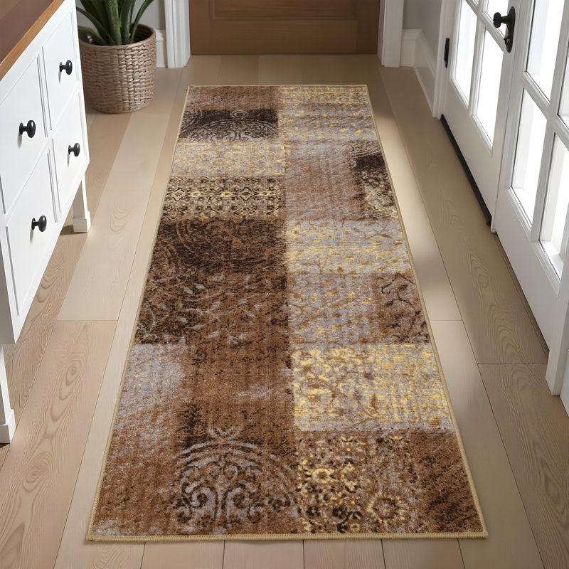 Hadley Damask Geometric Design 100% Nylon Non-Slip Indoor Area Rug, Runner 2'7" x 6'