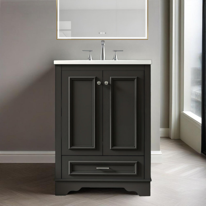 Meuble-lavabo moderne 24 po avec lavabo en céramique, portes à fermeture douce, Noir