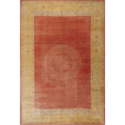 Decorative Coral Color Large Antique Turkish Oushak Floral Medallion Hand Knotted Pile Rug