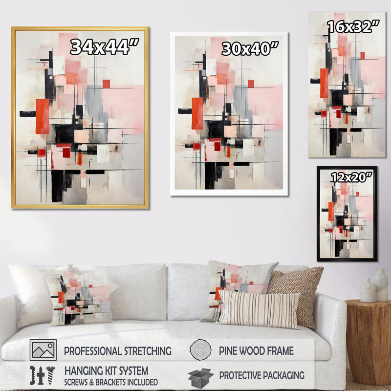 «Jahleya Beige Pink Suprematism Fragmented Perspectives II», reproduction sur toile, Encadrement doré
