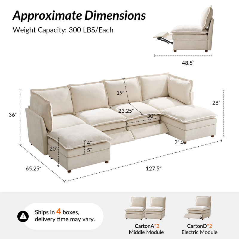 Canapé modulaire surdimensionné à double couche avec rangement et pédale extensible Cashin, Polyester beige