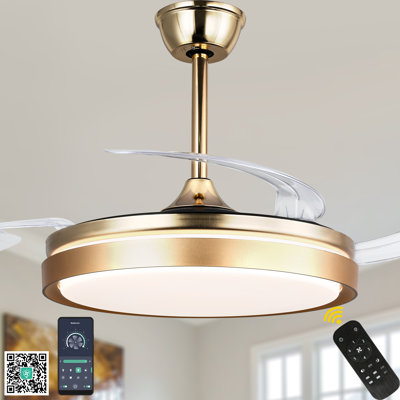 Ventilateur de plafond moderne Aadvik 42 po doré avec éclairage et télécommande, moteur CC réversible à 6 vitesses, ventilateur rétractable pour chambres à coucher