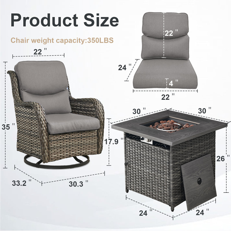 Koba 5-Piece Outdoor Conversation Set – Swivel Rocking Chairs with Fire Pit Table, Gray, Gray