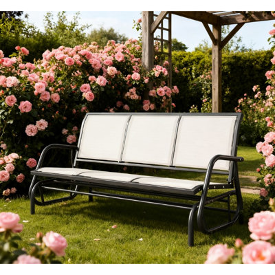 3 - Seater Outdoor Glider Bench, Cream White Mesh, Metal Frame, Comfortable Gliding For Patio Relaxation Porch Swing With Seats, Breathable Relax