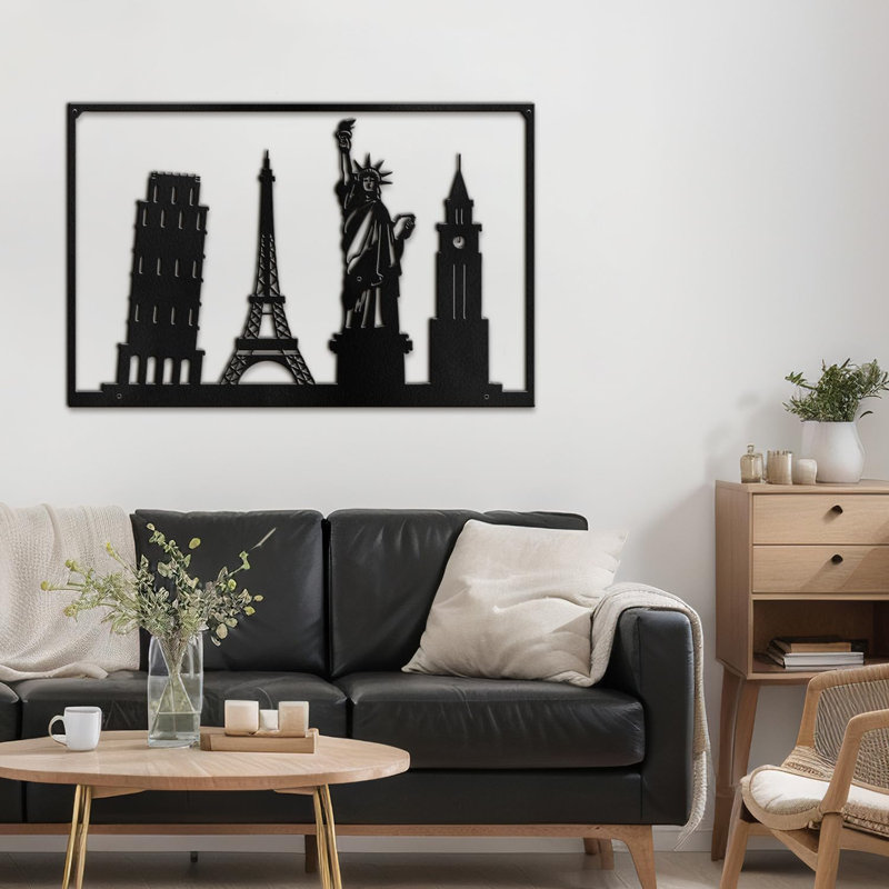 Penchant et Tour Eiffel Statue de la Liberté Décoration murale abstraite moderne Décoration murale en métal, Noir