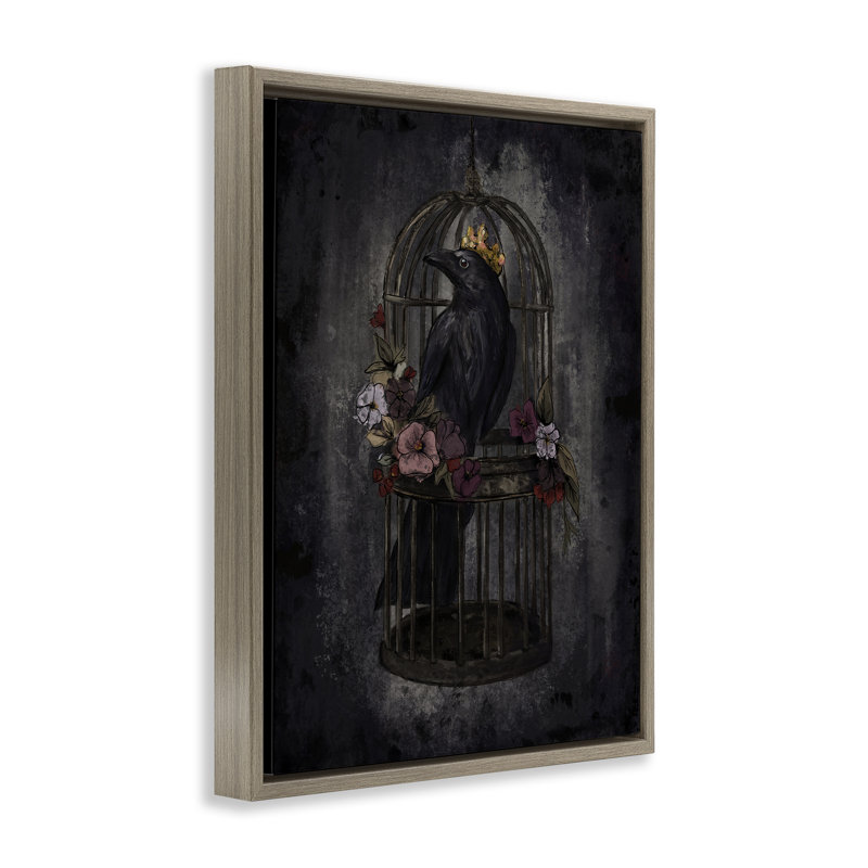 Raven King dans un cadre flottant en cage, design par Denise Bartkus, Cadre flottant orme Montalcino, H 21 po x l 17 po