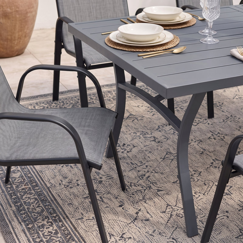 Ensemble repas d'extérieur rectangulaire pour 6 personnes avec chaises empilables Textilene, Gris